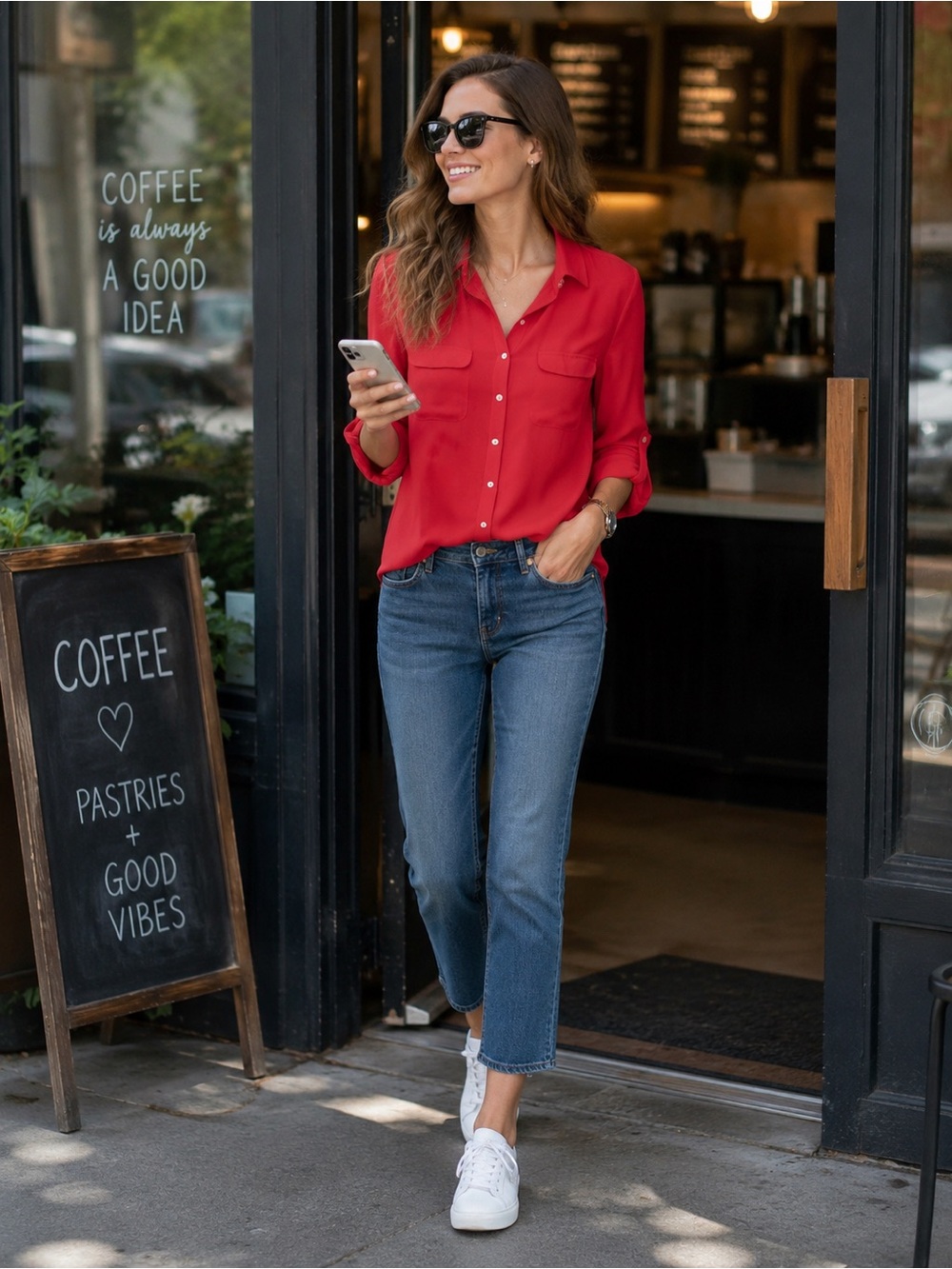 LOFT Coral Long-Sleeve Button-Down Blouse